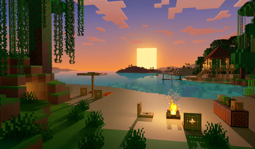 A peaceful Minecraft beach with block-built trees and a campfire